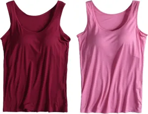 2 Pack Tank Tops for Women 2024 Cami Built in Bras Plus Size Shelf Bra Shirt Yoga Athleic Layering Undershirt