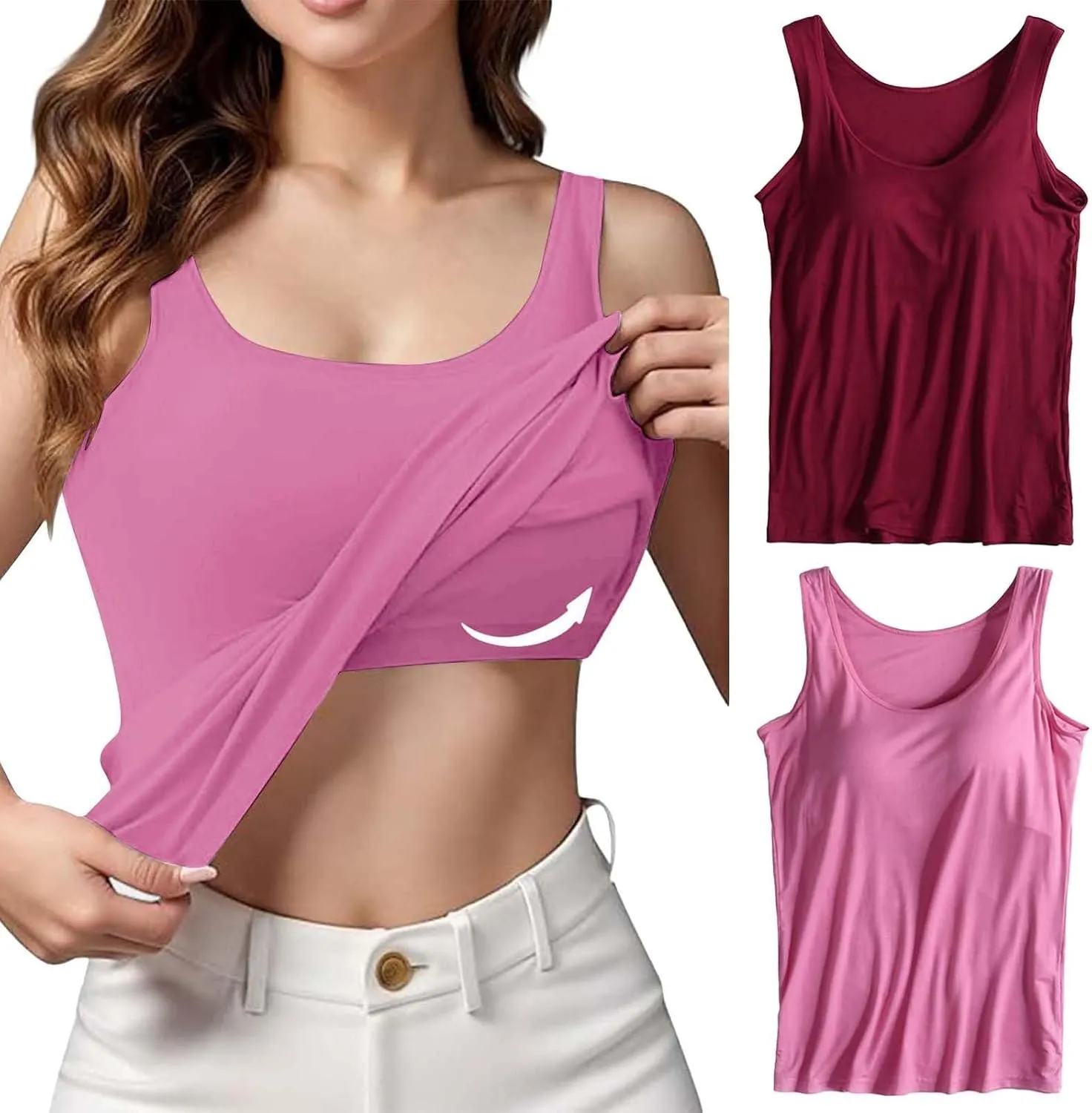 2 Pack Tank Tops for Women 2024 Cami Built in Bras Plus Size Shelf Bra Shirt Yoga Athleic Layering Undershirt