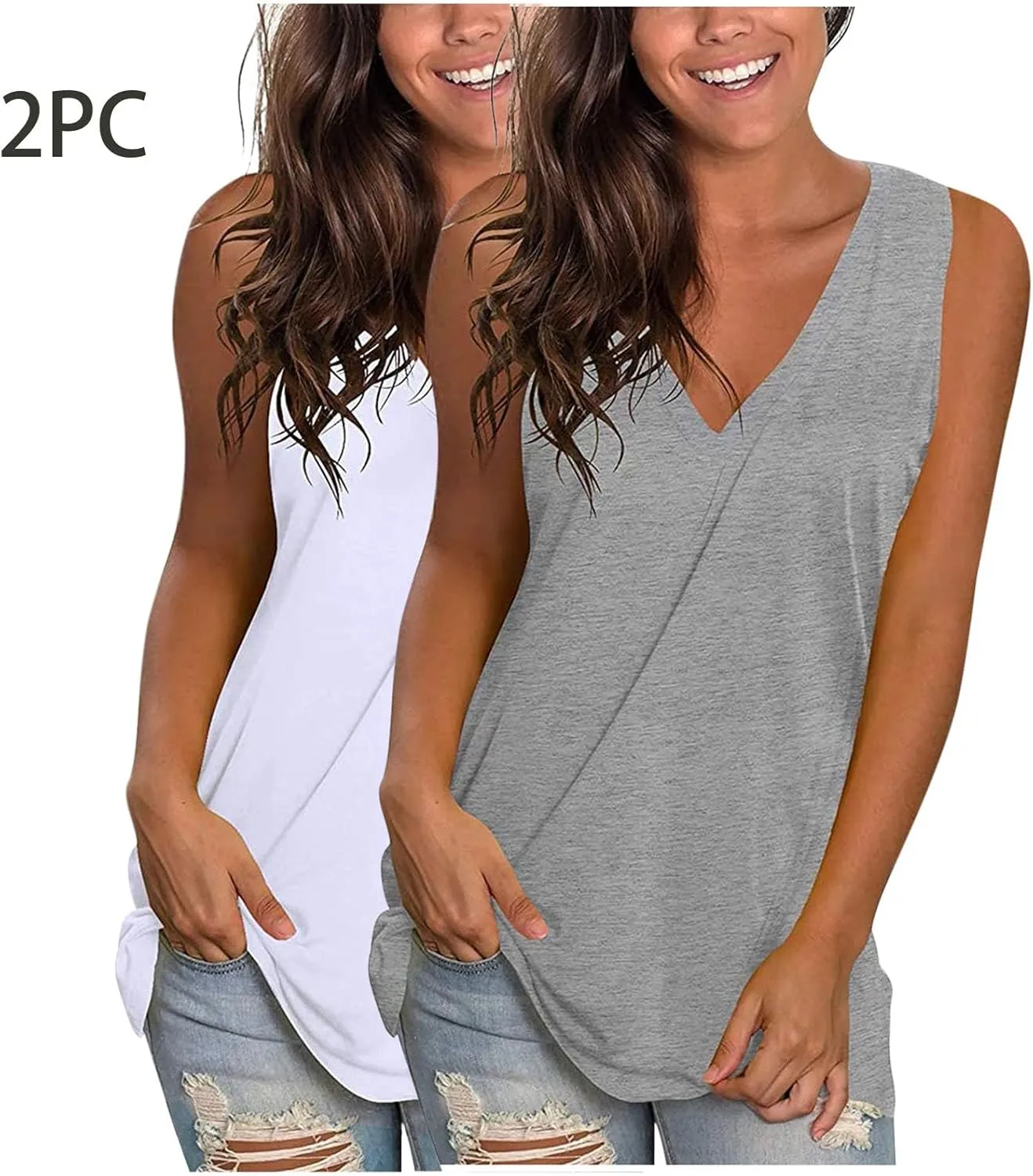 2 Pack Womens Summer Tank Tops Loose Fit Casual Sleeveless T Shirts V Neck Flowy Basic Plain Long Cami Top