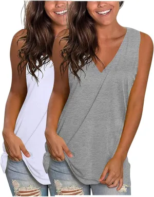 2 Pack Womens Summer Tank Tops Loose Fit Casual Sleeveless T Shirts V Neck Flowy Basic Plain Long Cami Top