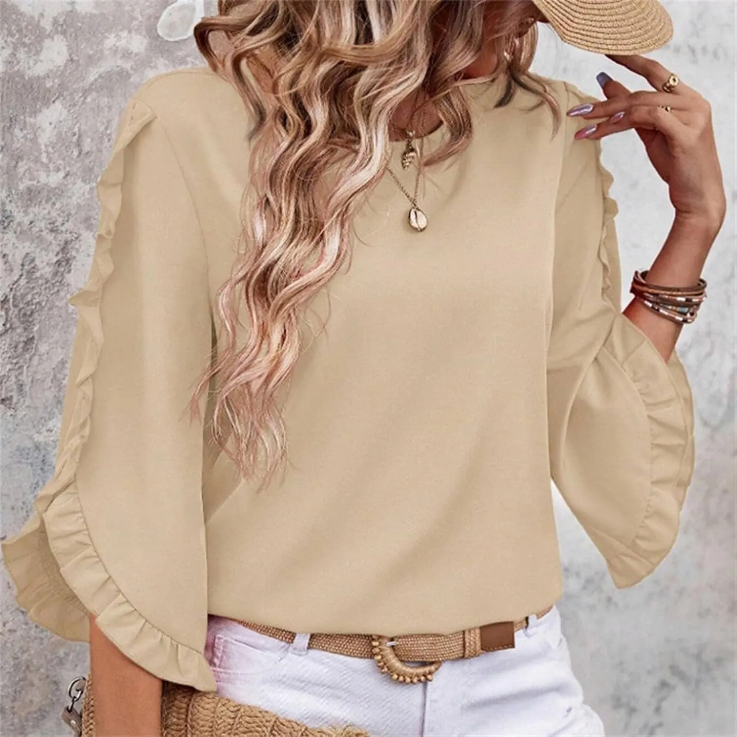 2025 Ruffle Bat Sleeve T Shirt for Women Boat Neck Tops Loose Dressy Casual Shirts Spring Summer Blouses Tees