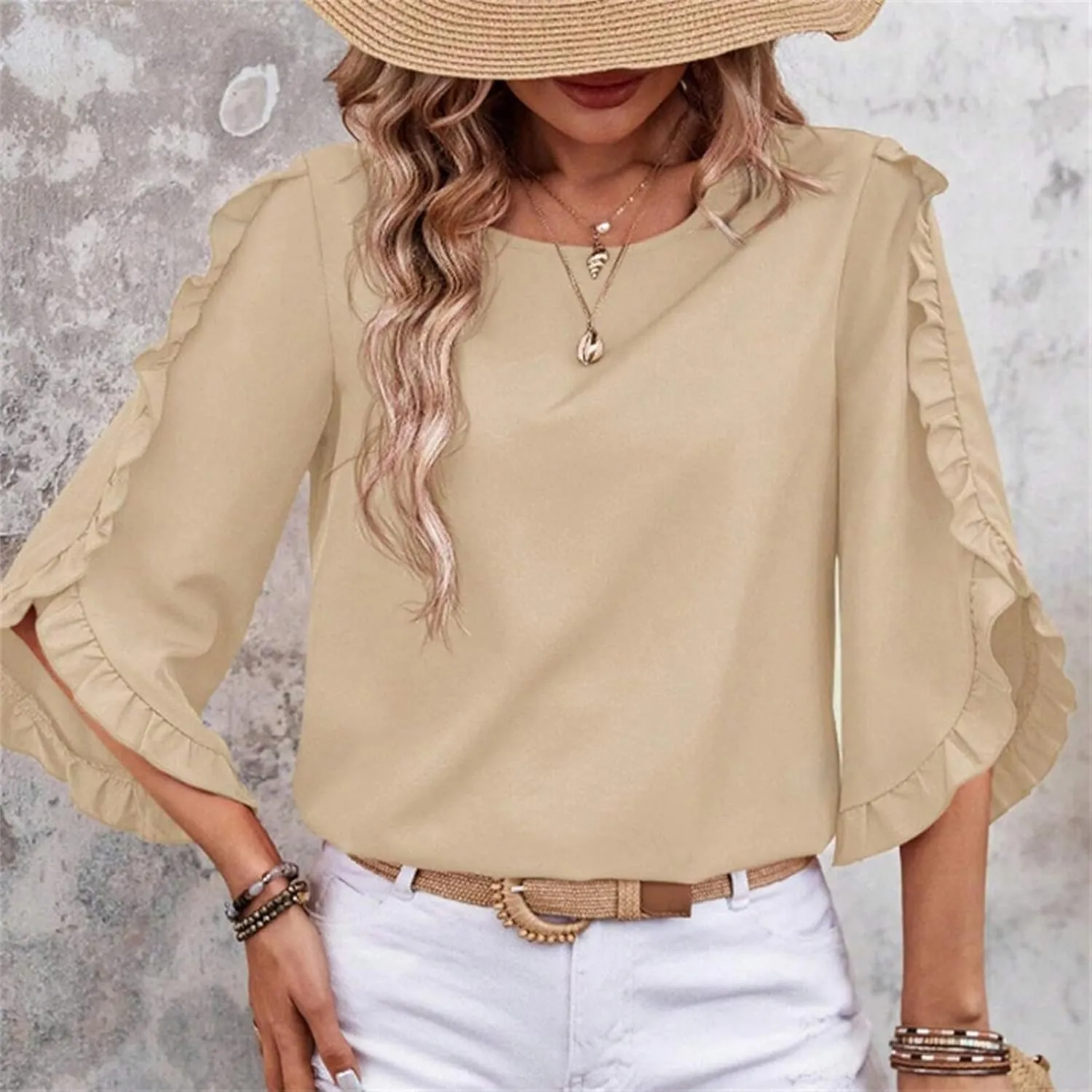 2025 Ruffle Bat Sleeve T Shirt for Women Boat Neck Tops Loose Dressy Casual Shirts Spring Summer Blouses Tees