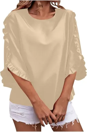 2025 Ruffle Bat Sleeve T Shirt for Women Boat Neck Tops Loose Dressy Casual Shirts Spring Summer Blouses Tees