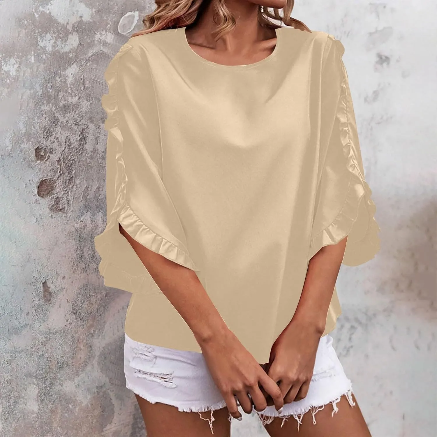 2025 Ruffle Bat Sleeve T Shirt for Women Boat Neck Tops Loose Dressy Casual Shirts Spring Summer Blouses Tees