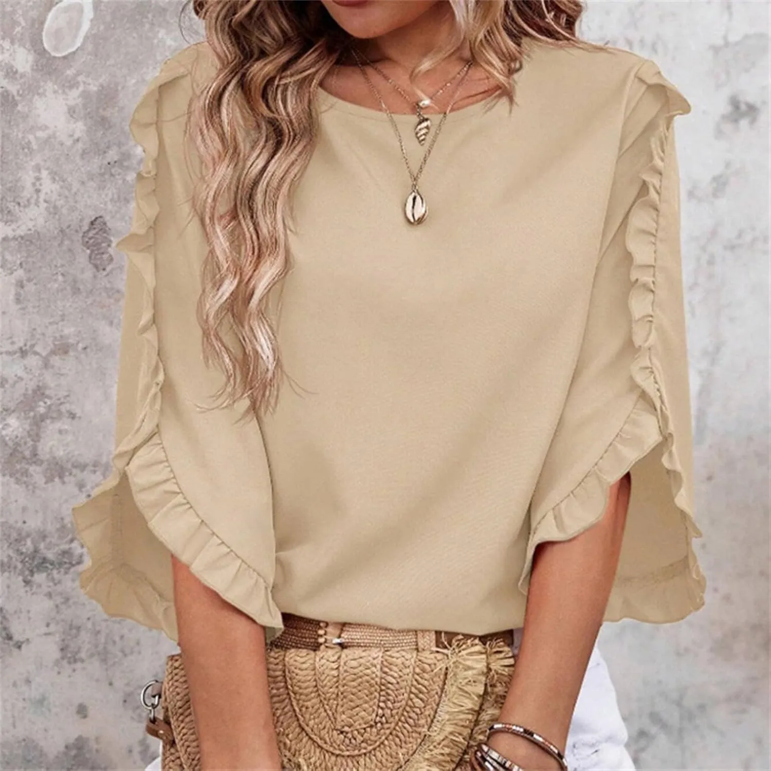 2025 Ruffle Bat Sleeve T Shirt for Women Boat Neck Tops Loose Dressy Casual Shirts Spring Summer Blouses Tees