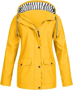 2025 Spring Fashion Womens Raincoat Fit Waterproof Dressy Zip up Rain Jacket Windbreaker with Pockets Hood