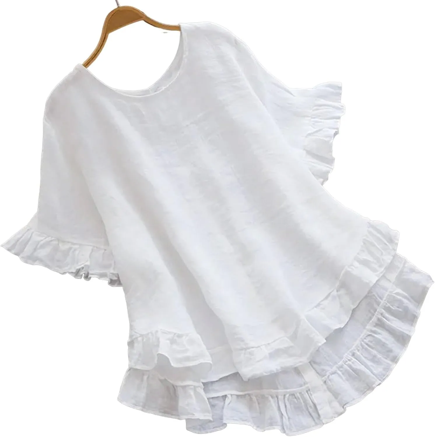 2025 Summer Linen Tops for Women Crewneck Ruffle Short Sleeve High-Low Hem Blouse Loose Beach Flowy Shirts Top