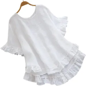 2025 Summer Linen Tops for Women Crewneck Ruffle Short Sleeve High-Low Hem Blouse Loose Beach Flowy Shirts Top