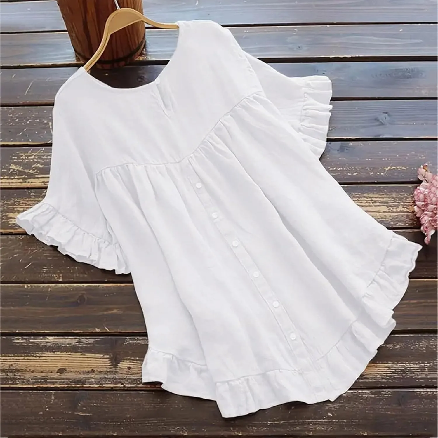 2025 Summer Linen Tops for Women Crewneck Ruffle Short Sleeve High-Low Hem Blouse Loose Beach Flowy Shirts Top