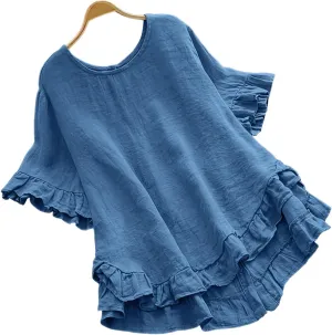 2025 Summer Linen Tops for Women Crewneck Ruffle Short Sleeve High-Low Hem Blouse Loose Beach Flowy Shirts Top