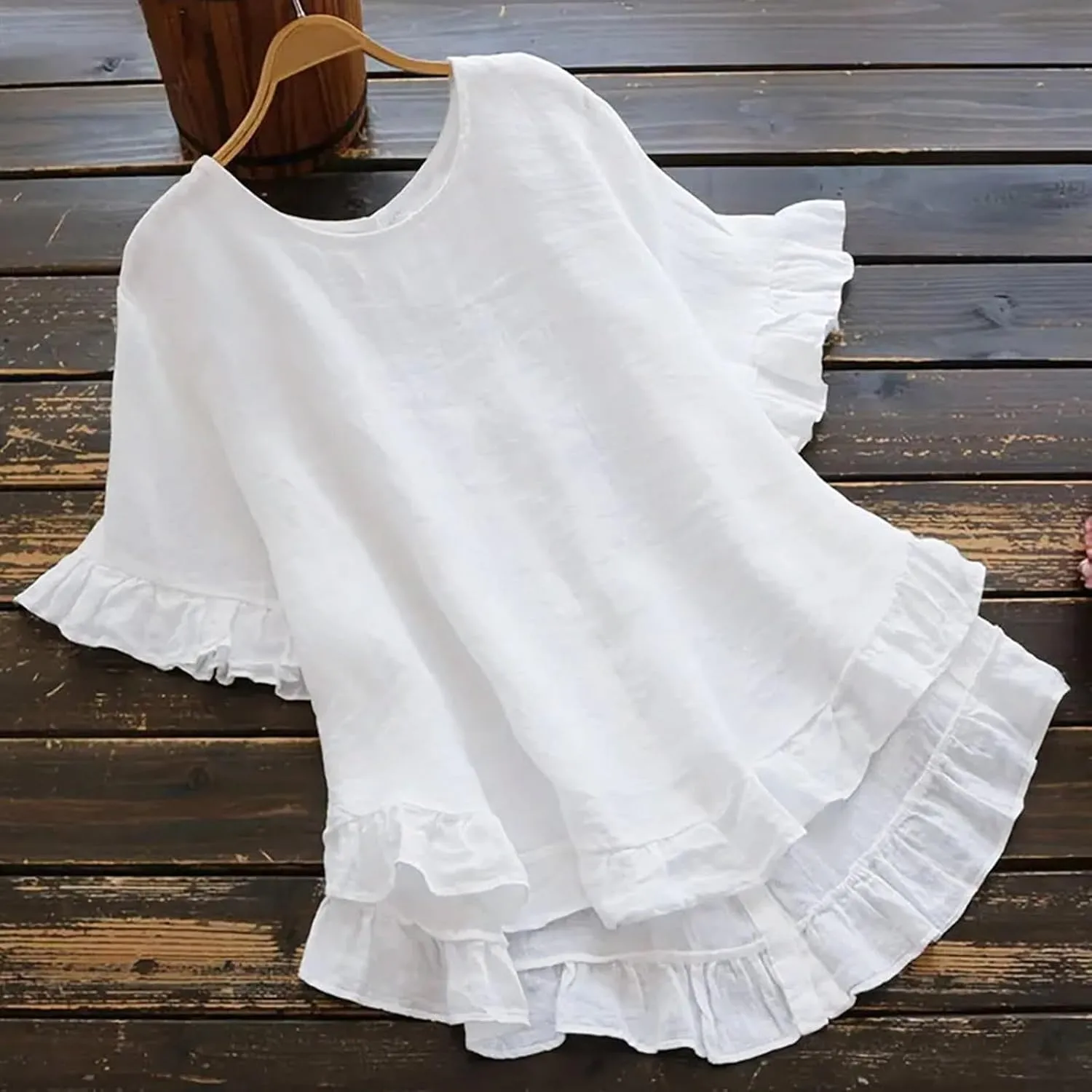 2025 Summer Linen Tops for Women Crewneck Ruffle Short Sleeve High-Low Hem Blouse Loose Beach Flowy Shirts Top