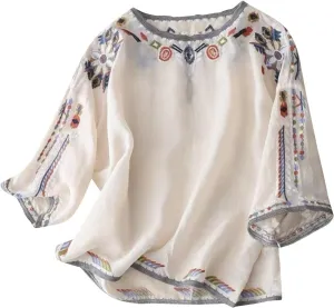 2025 Summer Mexican Embroidered Cotton Linen Tops Women Boho Peasant Tees 3/4 Sleeve Tunic Blouse Loose Vintage Shirt