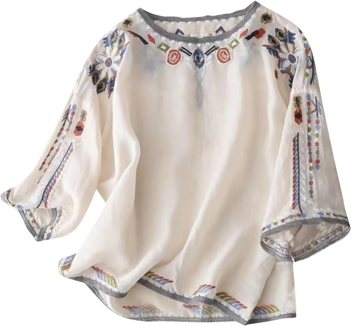 2025 Summer Mexican Embroidered Cotton Linen Tops Women Boho Peasant Tees 3/4 Sleeve Tunic Blouse Loose Vintage Shirt