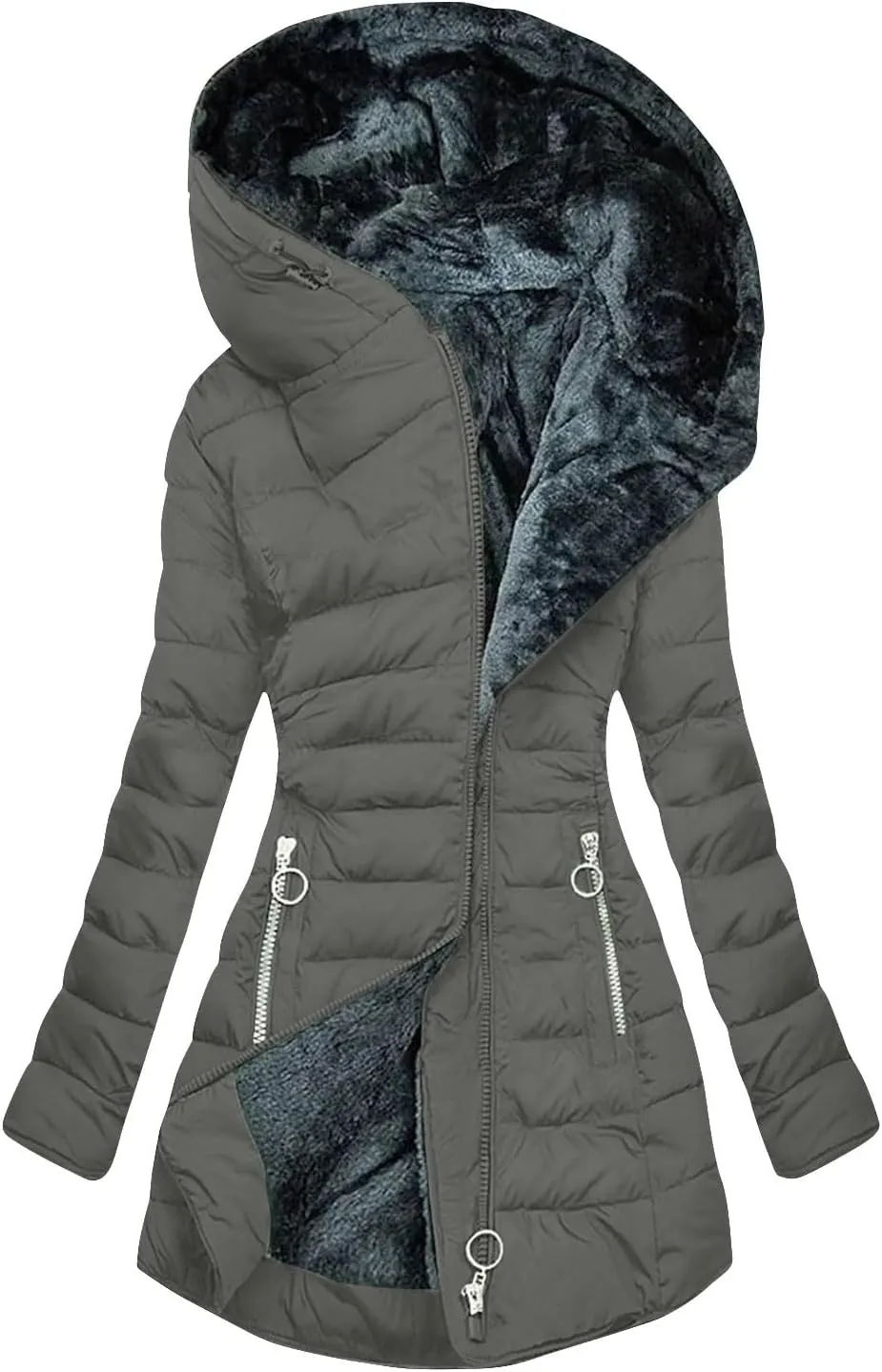 2025 Winter Coats for Women Long Sleeve Warm Parka Casts Puffer Quilted Thicken Hooded Outerwear with Fur Trim