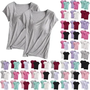 2PCS T-Shirt with Built-in Bra Women Workout Yoga Tops Short Sleeve Padded Bras Soft Pajama Plus Size Athletic Shirts