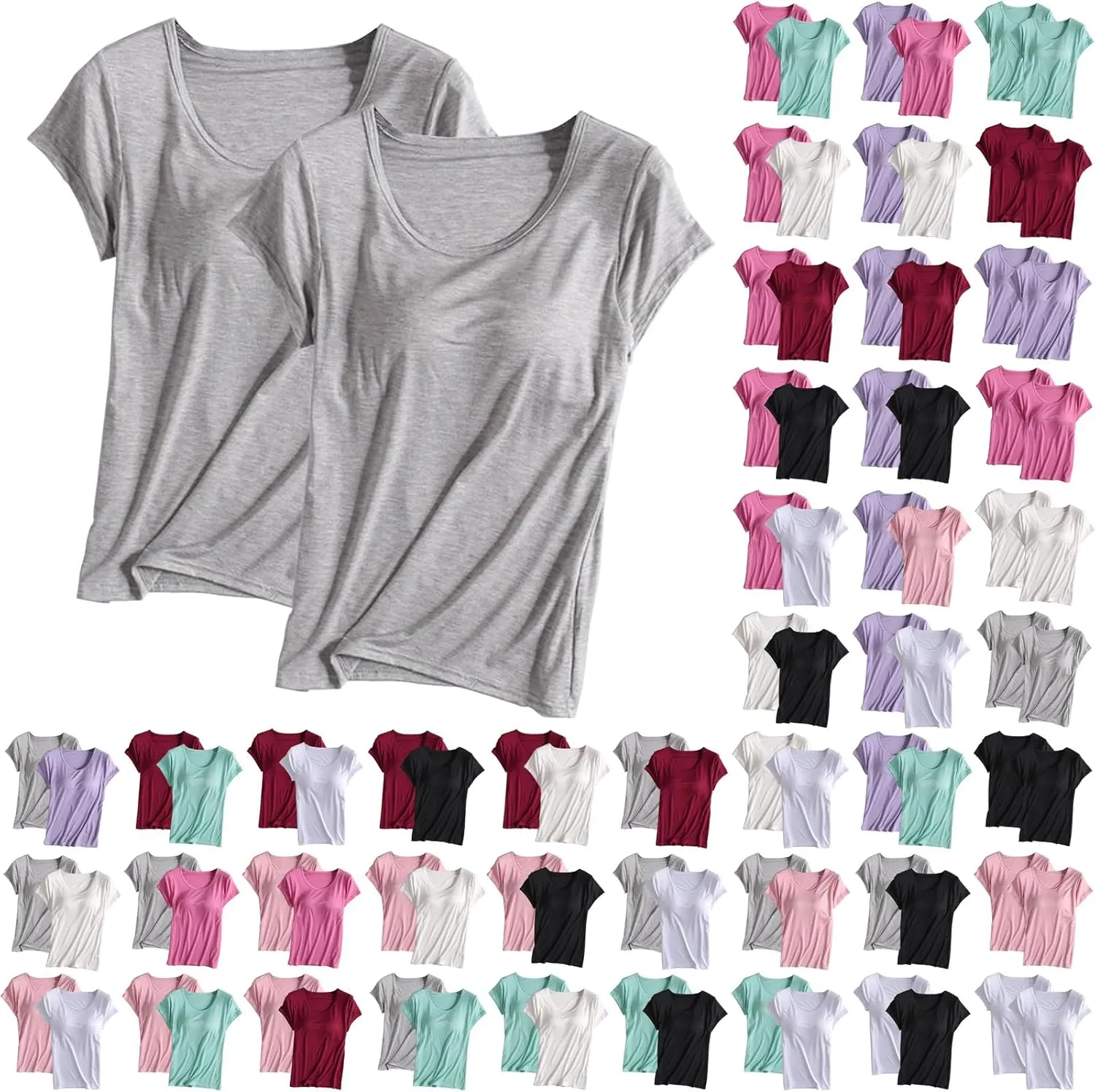 2PCS T-Shirt with Built-in Bra Women Workout Yoga Tops Short Sleeve Padded Bras Soft Pajama Plus Size Athletic Shirts