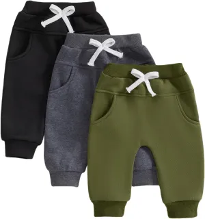 3 Pack Baby Pants Boys Pull-on Jogger Pants Knit Pants Classic Elastic Waist Kids Toddler Pants Long Pants Sweatpants