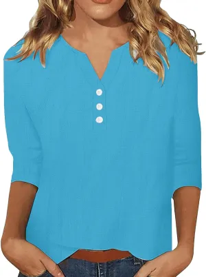 3/4 Sleeve Cotton Linen Tops for Women 2025 Loose Notched V Neck Button Down Henley Shirts Summer Beach Tee Tunic Blouse