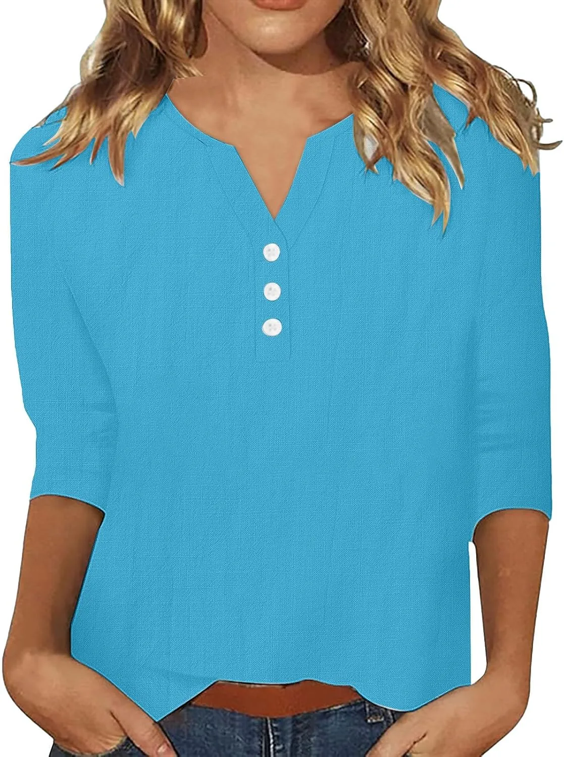3/4 Sleeve Cotton Linen Tops for Women 2025 Loose Notched V Neck Button Down Henley Shirts Summer Beach Tee Tunic Blouse