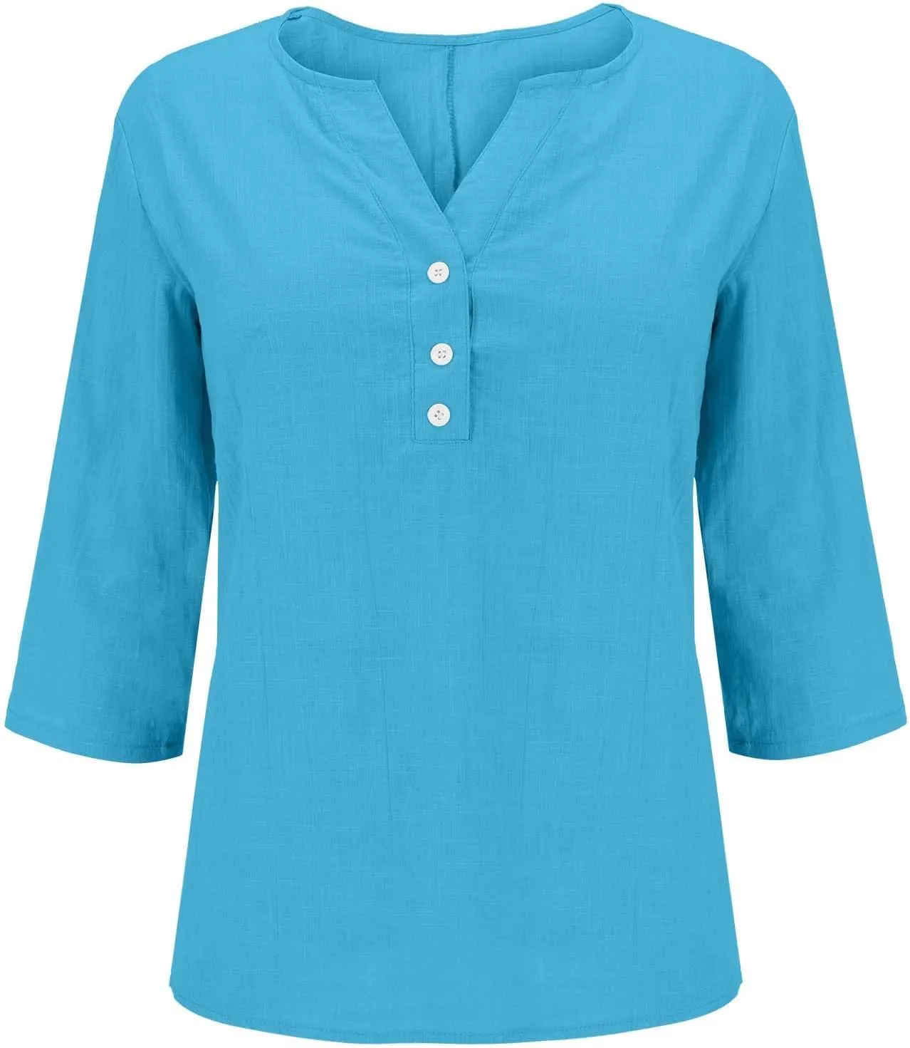 3/4 Sleeve Cotton Linen Tops for Women 2025 Loose Notched V Neck Button Down Henley Shirts Summer Beach Tee Tunic Blouse