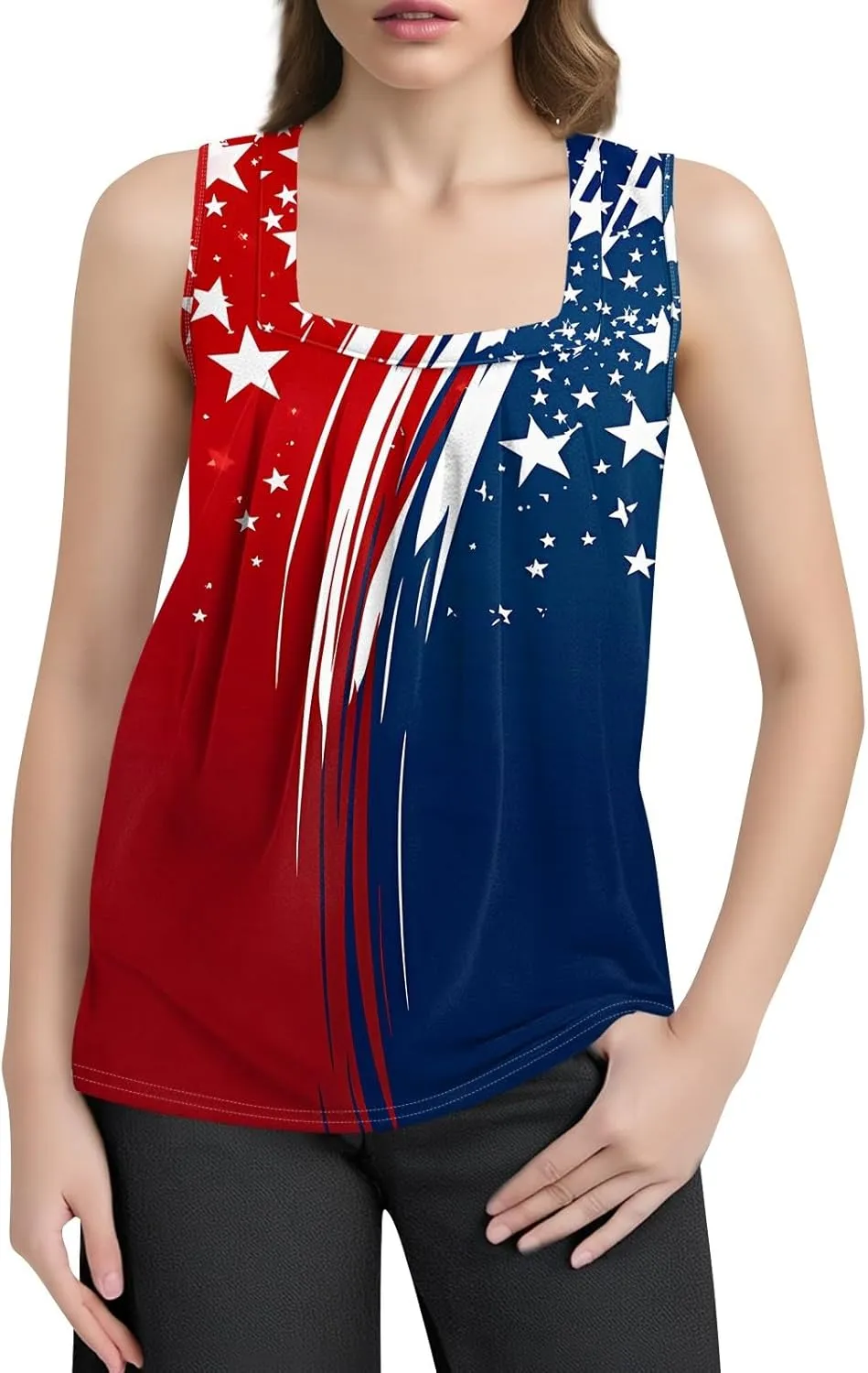 4Th of July Shirts Women Independence Day Square Neck Tank Top Sleeveless USA Flag Tees Red White and Blue Outfits
