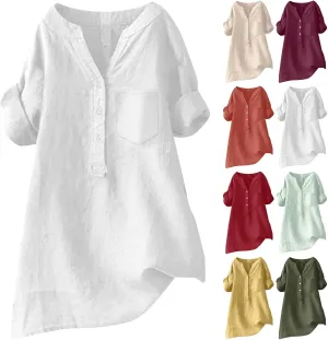 Boho Linen Shirts for Women 2025 Gauze Short Sleeve V Neck Button Loose Fit Blouses Vacation Dress Casual Tunic Tops