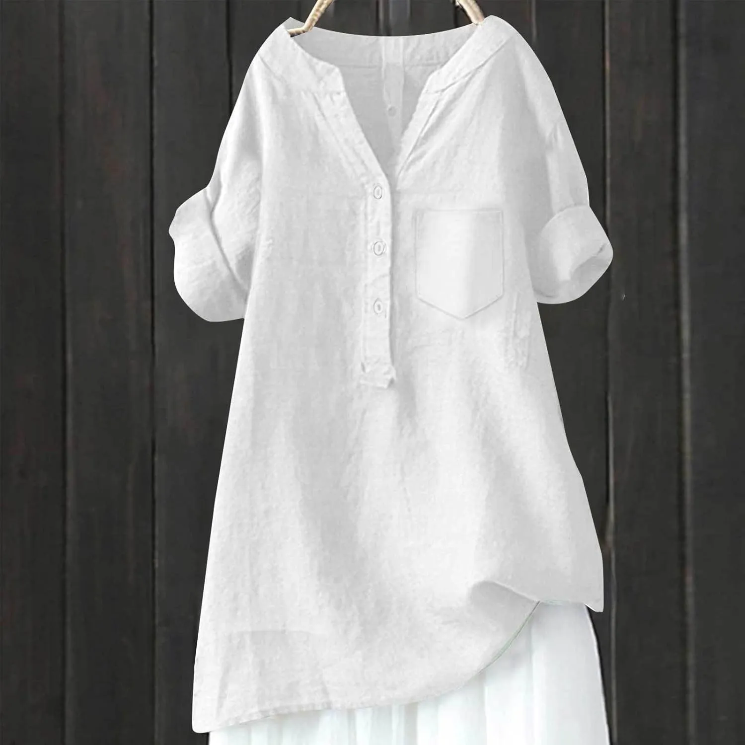 Boho Linen Shirts for Women 2025 Gauze Short Sleeve V Neck Button Loose Fit Blouses Vacation Dress Casual Tunic Tops