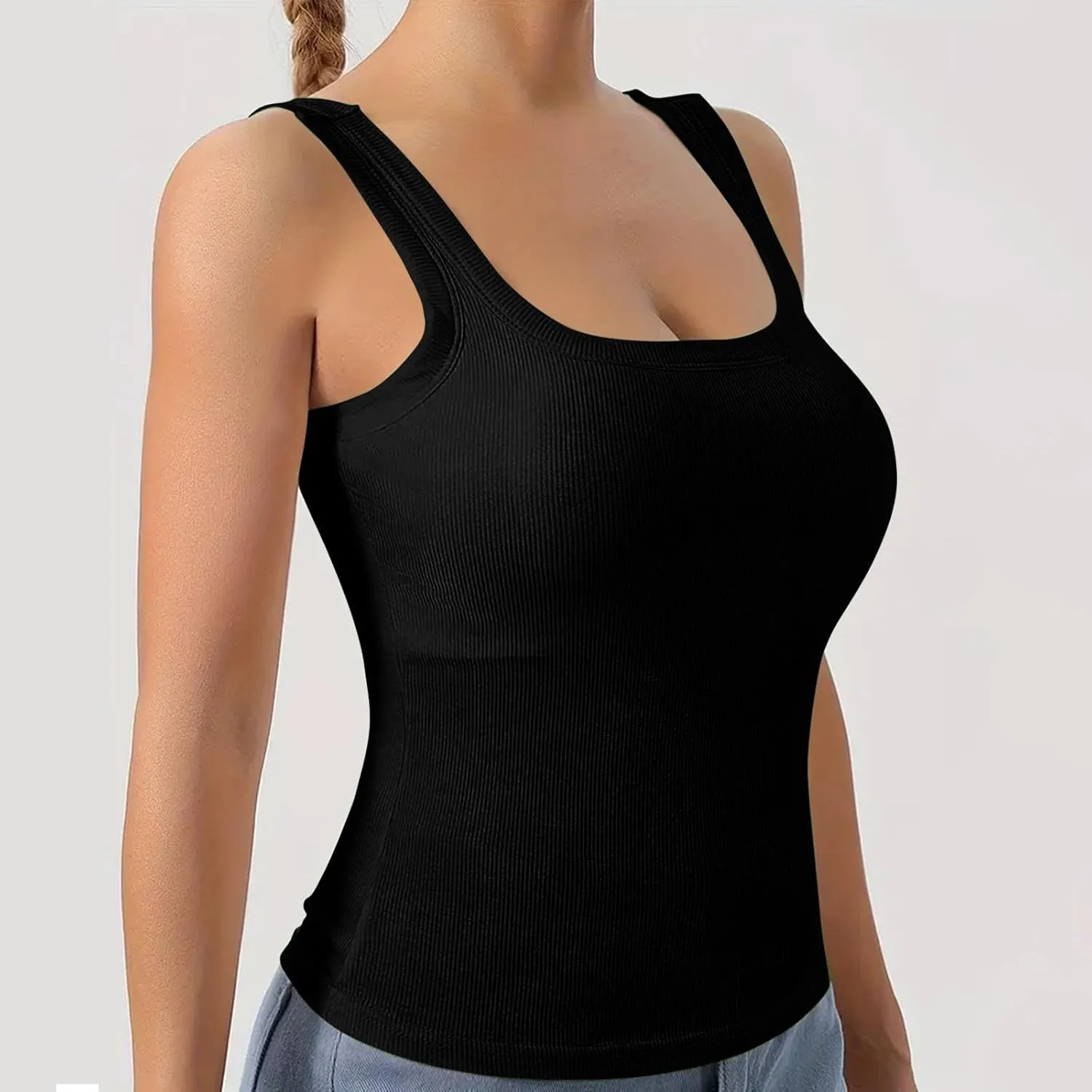 Built in Bra Tank Tops for Women 2024 Summer Casual Ribbed Knit Camisole U Neck Sleeveless Padded Workout Tops