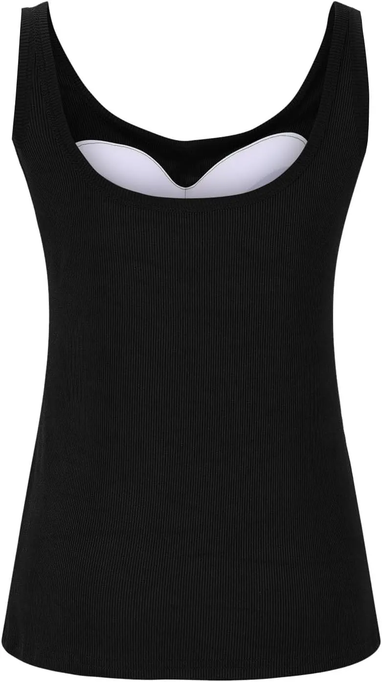 Built in Bra Tank Tops for Women 2024 Summer Casual Ribbed Knit Camisole U Neck Sleeveless Padded Workout Tops
