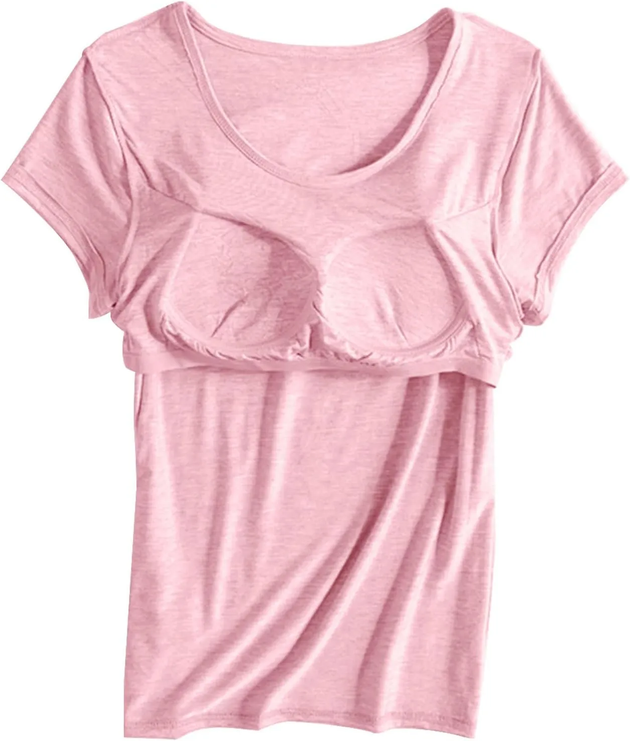 Built in Bra Tops for Women Summer Short Sleeve Solid Tops with Bra Pad Soft Lounge Clothes Trendy Outfits