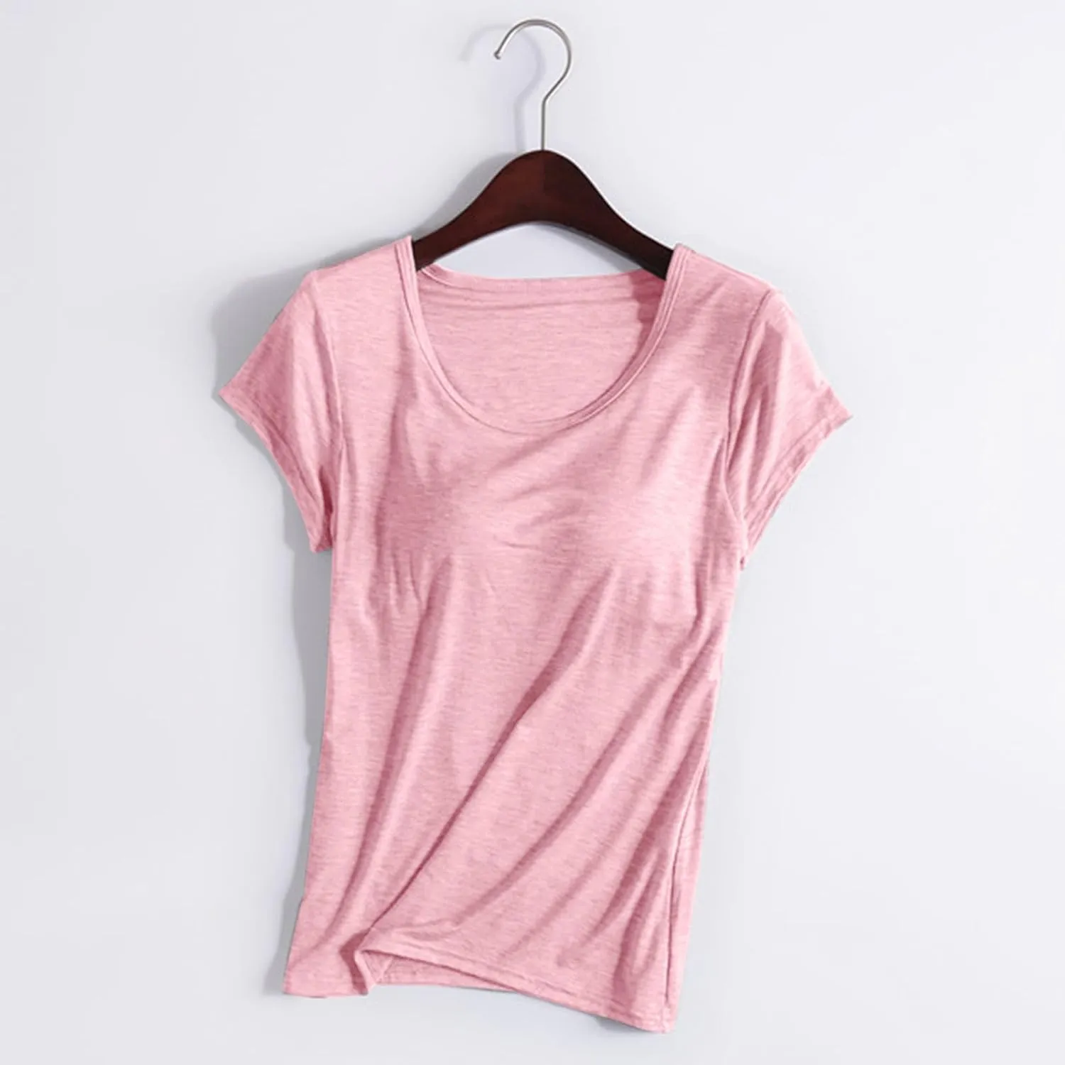 Built in Bra Tops for Women Summer Short Sleeve Solid Tops with Bra Pad Soft Lounge Clothes Trendy Outfits