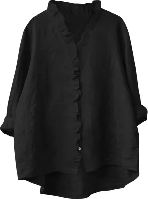 Button Down Shirt for Women Dressy Casual Cotton Linen 3/4 Sleeve Hi-Low Hem Blouse Ruffle Trim V Neck Summer Beach Tops