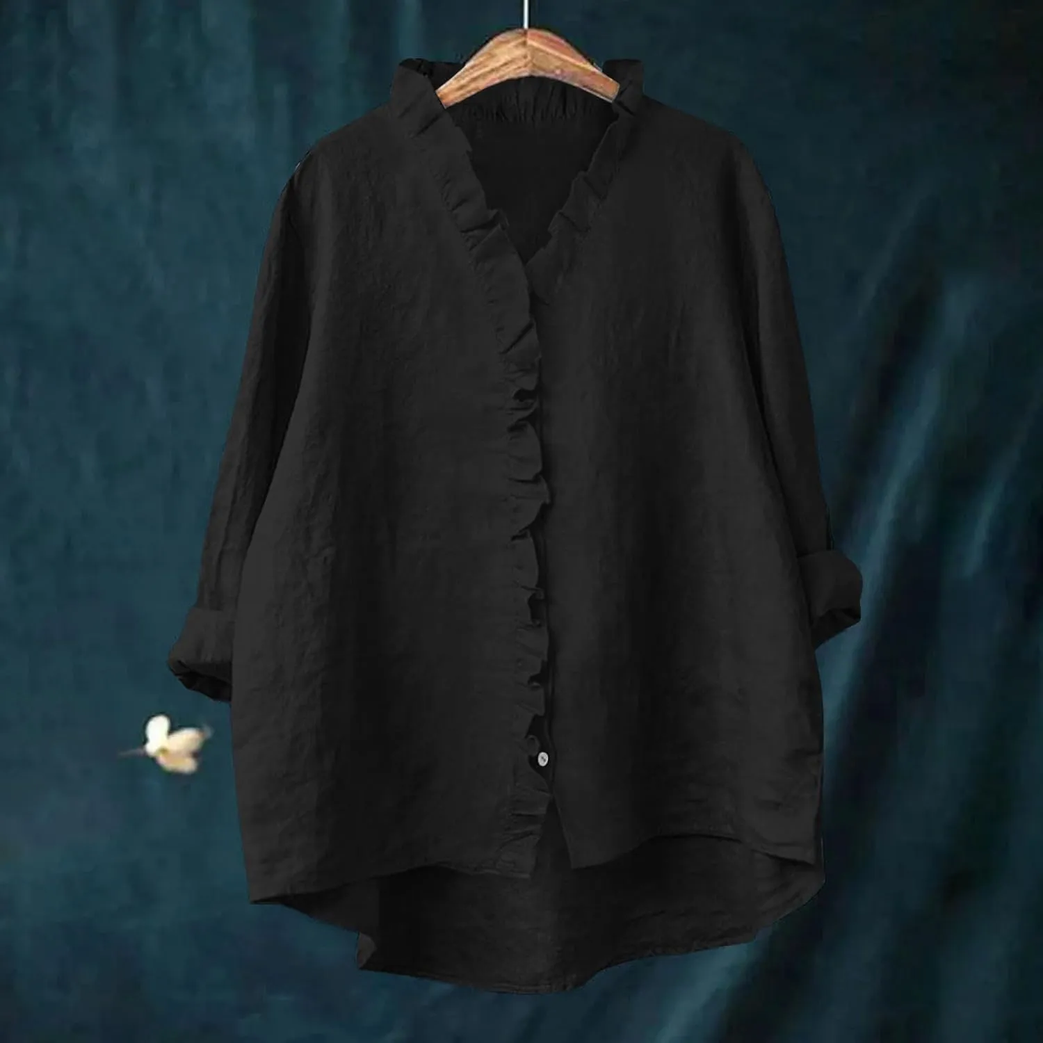 Button Down Shirt for Women Dressy Casual Cotton Linen 3/4 Sleeve Hi-Low Hem Blouse Ruffle Trim V Neck Summer Beach Tops