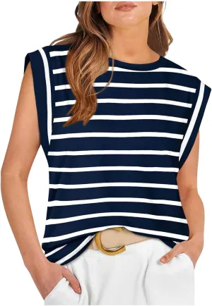 Cap Sleeve Tops for Women Summer Top Basic Tee Shirts Sleeveless Striped Casual Tank Loose Fit 2024 Fashion Clothes
