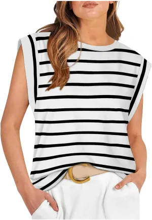 Cap Sleeve Tops for Women Summer Top Basic Tee Shirts Sleeveless Striped Casual Tank Loose Fit 2024 Fashion Clothes