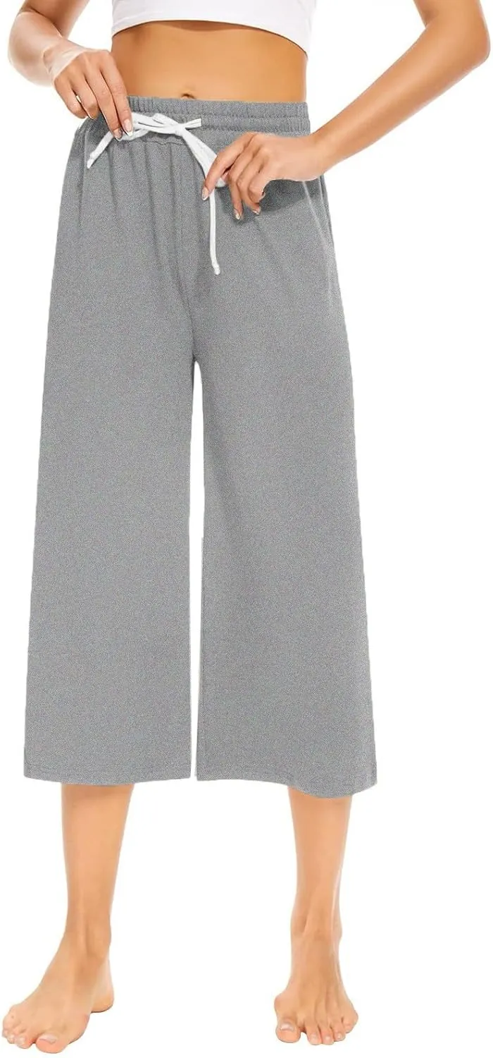 Capri Sweatpants for Women High Waisted Wide Leg Yoga Pants with Pockets Comfy Cotton Cropped Lounge Trousers Pants
