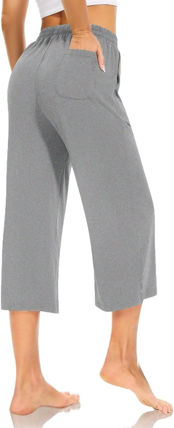 Capri Sweatpants for Women High Waisted Wide Leg Yoga Pants with Pockets Comfy Cotton Cropped Lounge Trousers Pants