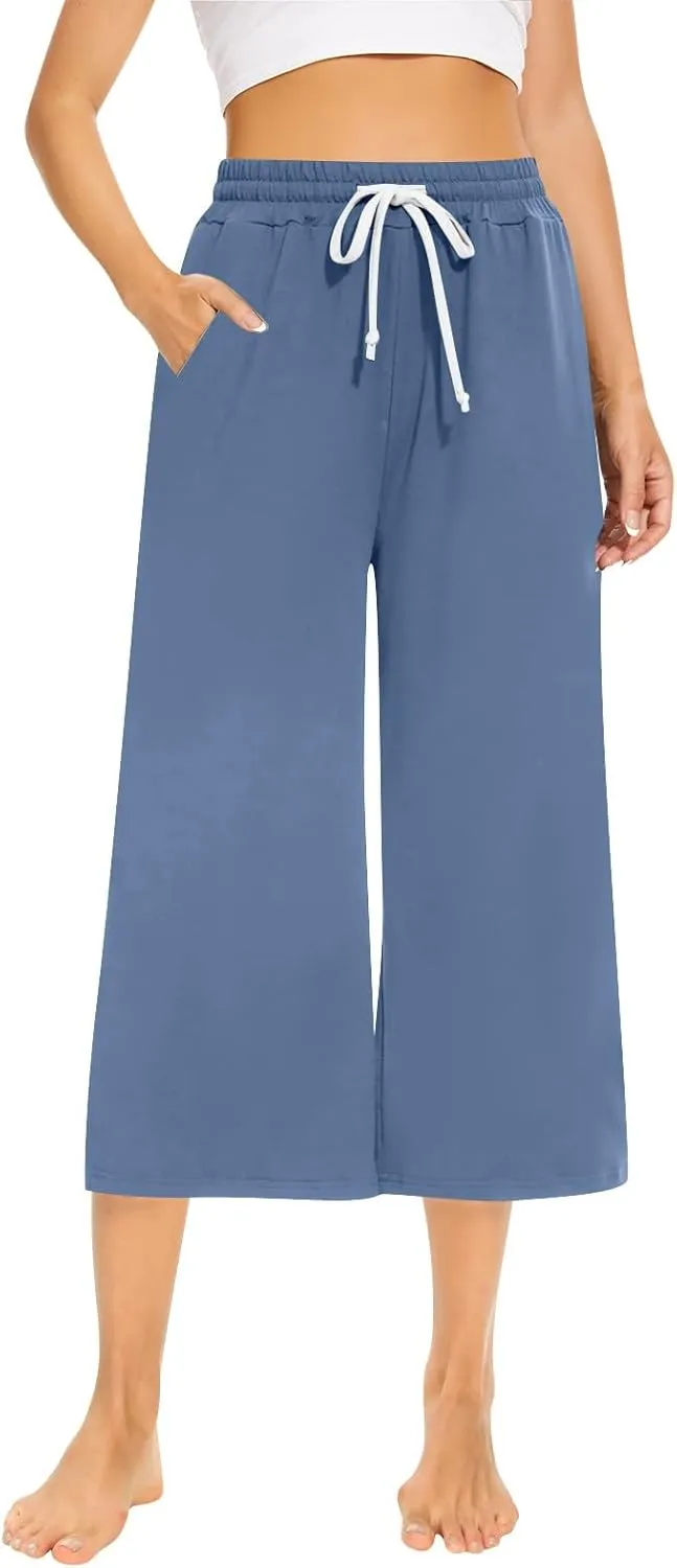 Capri Sweatpants for Women High Waisted Wide Leg Yoga Pants with Pockets Comfy Cotton Cropped Lounge Trousers Pants