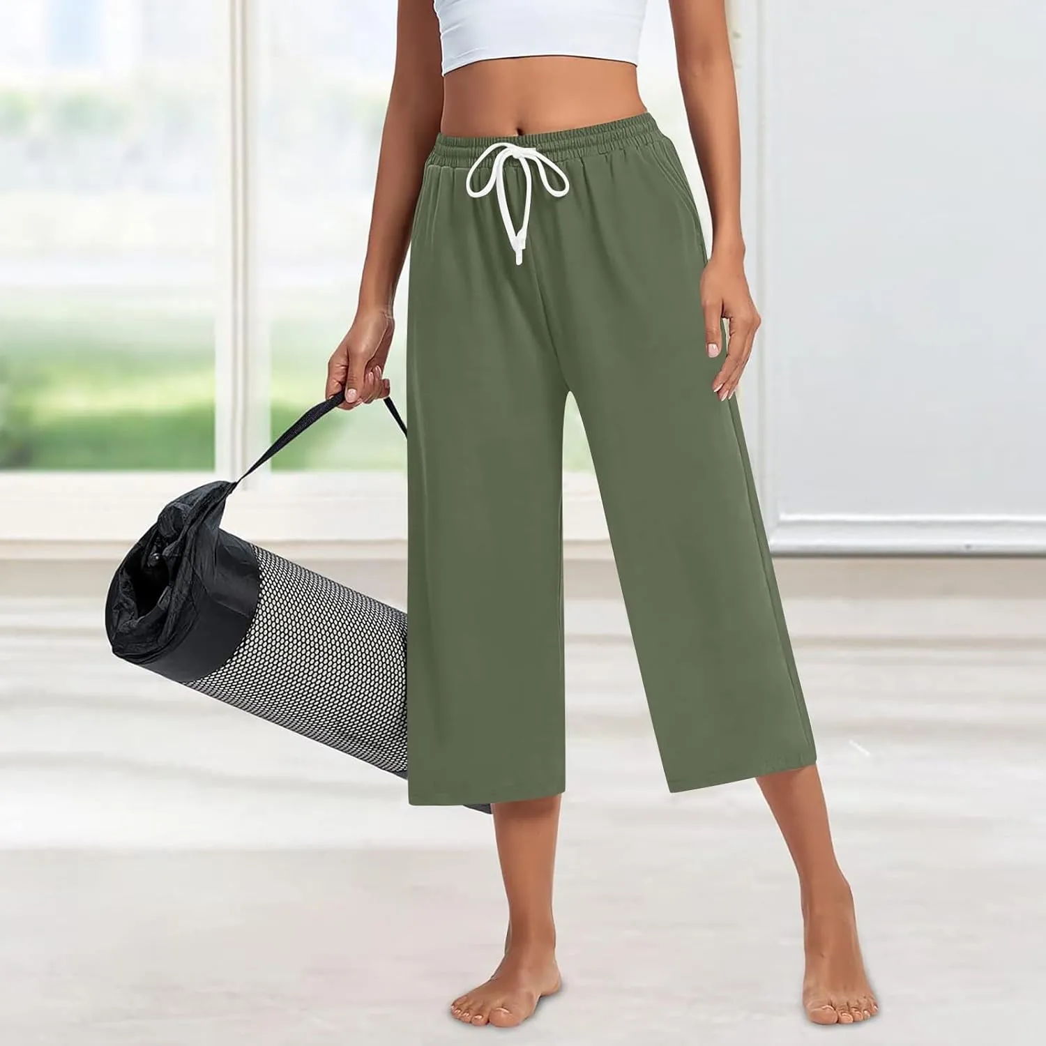 Capri Sweatpants for Women High Waisted Wide Leg Yoga Pants with Pockets Comfy Cotton Cropped Lounge Trousers Pants