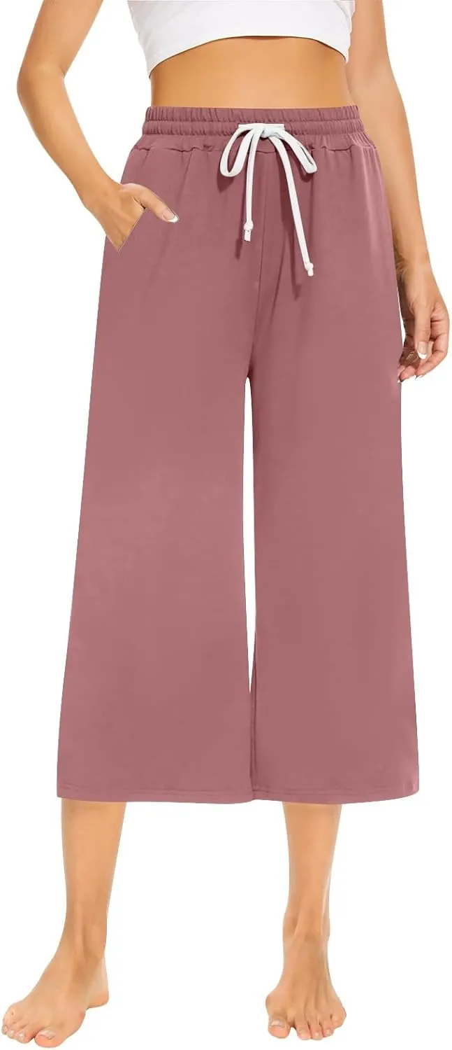 Capri Sweatpants for Women High Waisted Wide Leg Yoga Pants with Pockets Comfy Cotton Cropped Lounge Trousers Pants