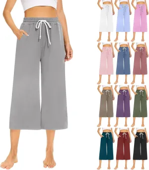 Capri Sweatpants for Women High Waisted Wide Leg Yoga Pants with Pockets Comfy Cotton Cropped Lounge Trousers Pants