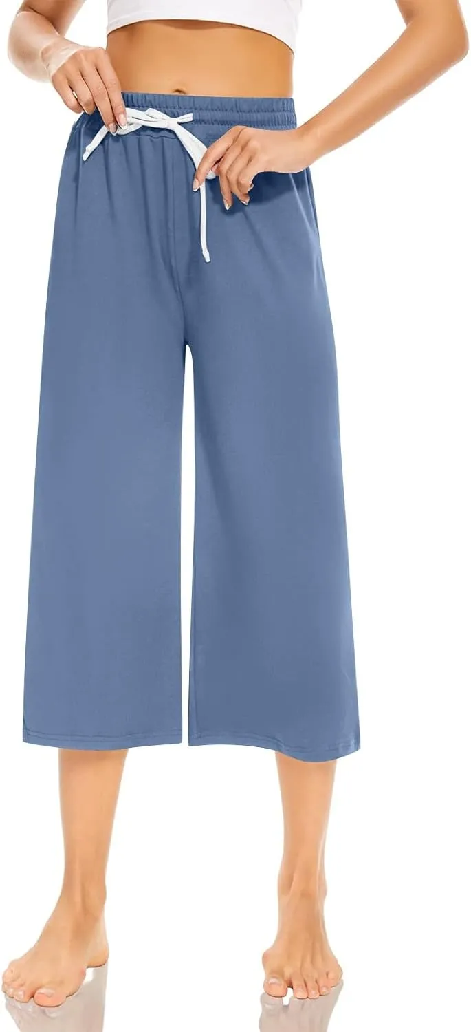Capri Sweatpants for Women High Waisted Wide Leg Yoga Pants with Pockets Comfy Cotton Cropped Lounge Trousers Pants