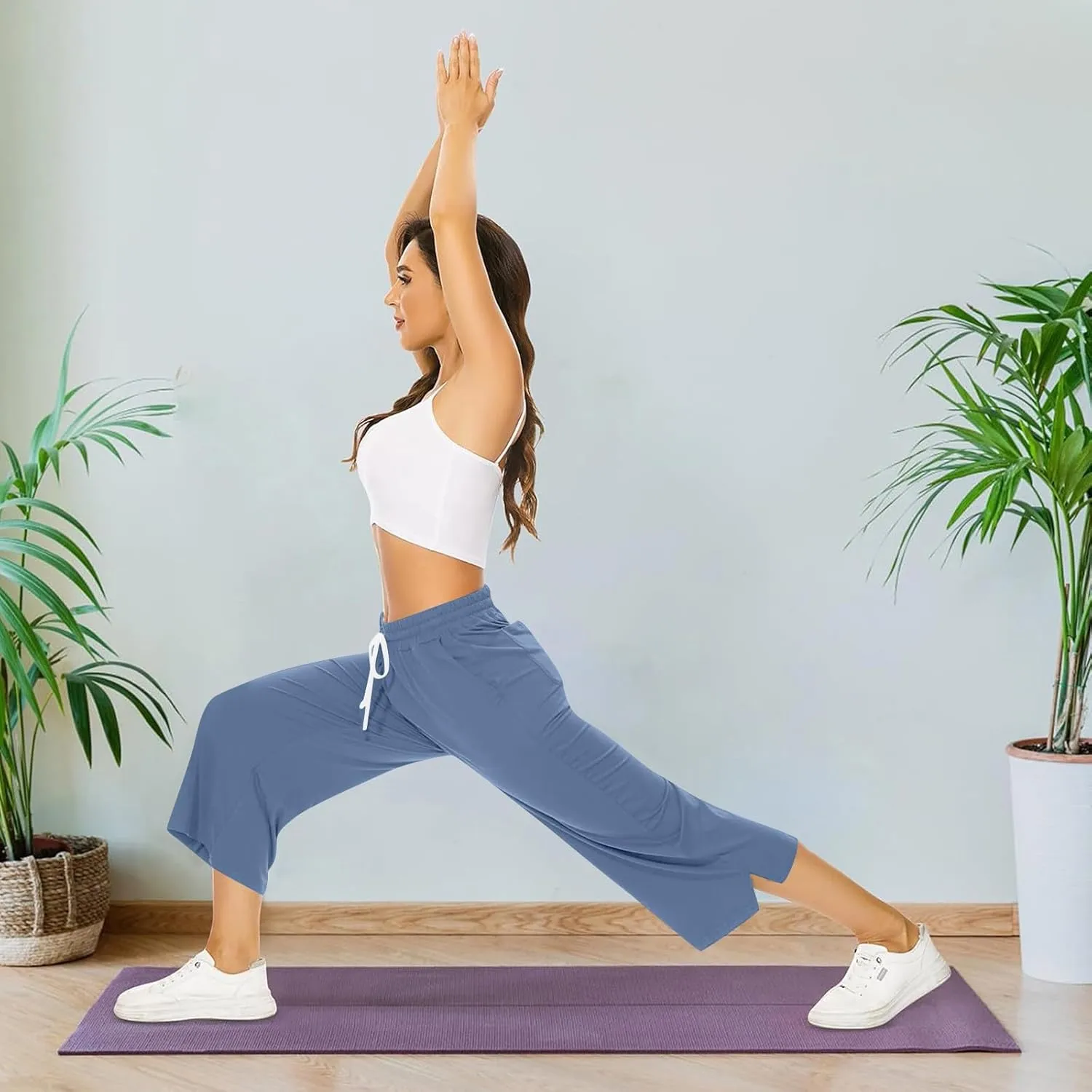Capri Sweatpants for Women High Waisted Wide Leg Yoga Pants with Pockets Comfy Cotton Cropped Lounge Trousers Pants
