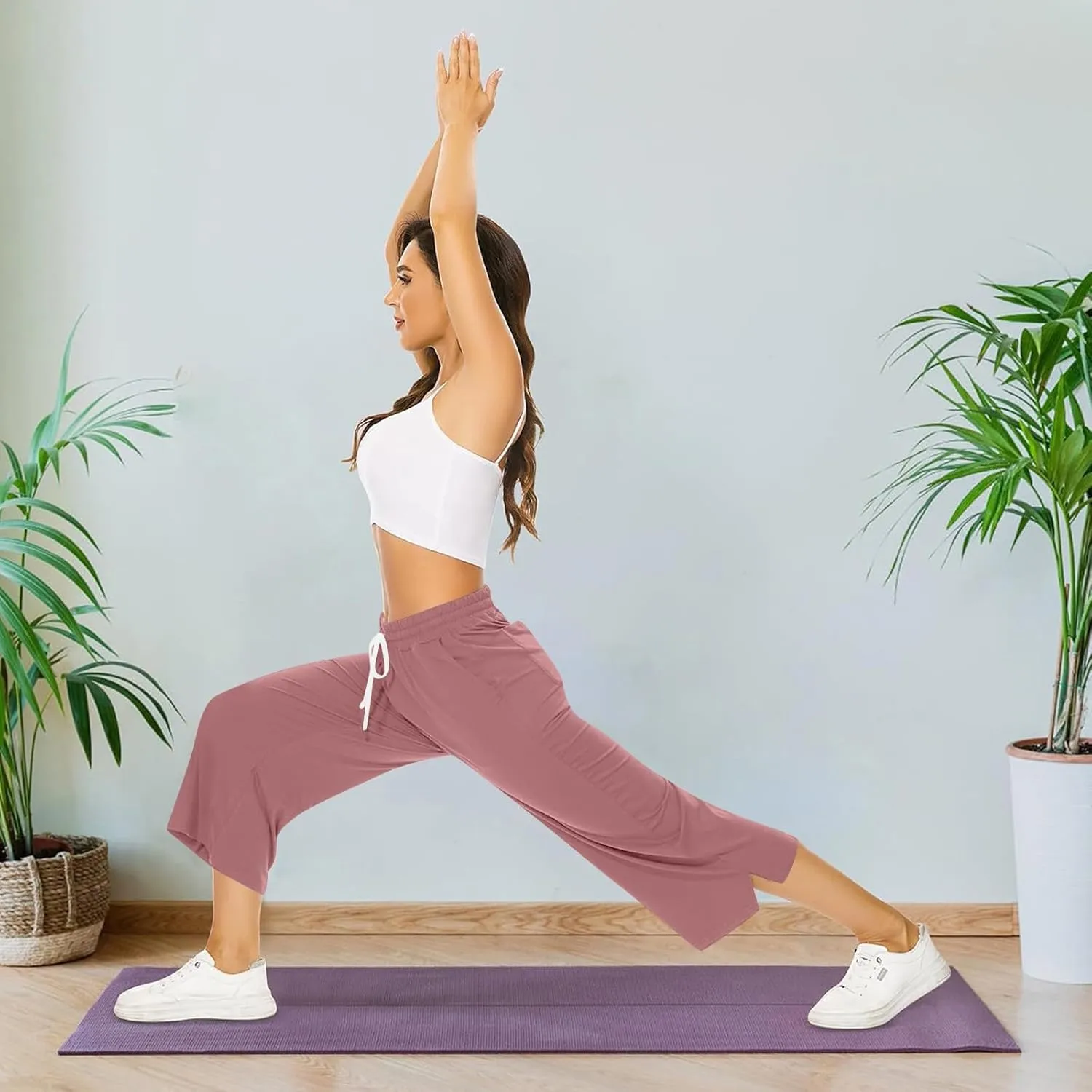 Capri Sweatpants for Women High Waisted Wide Leg Yoga Pants with Pockets Comfy Cotton Cropped Lounge Trousers Pants