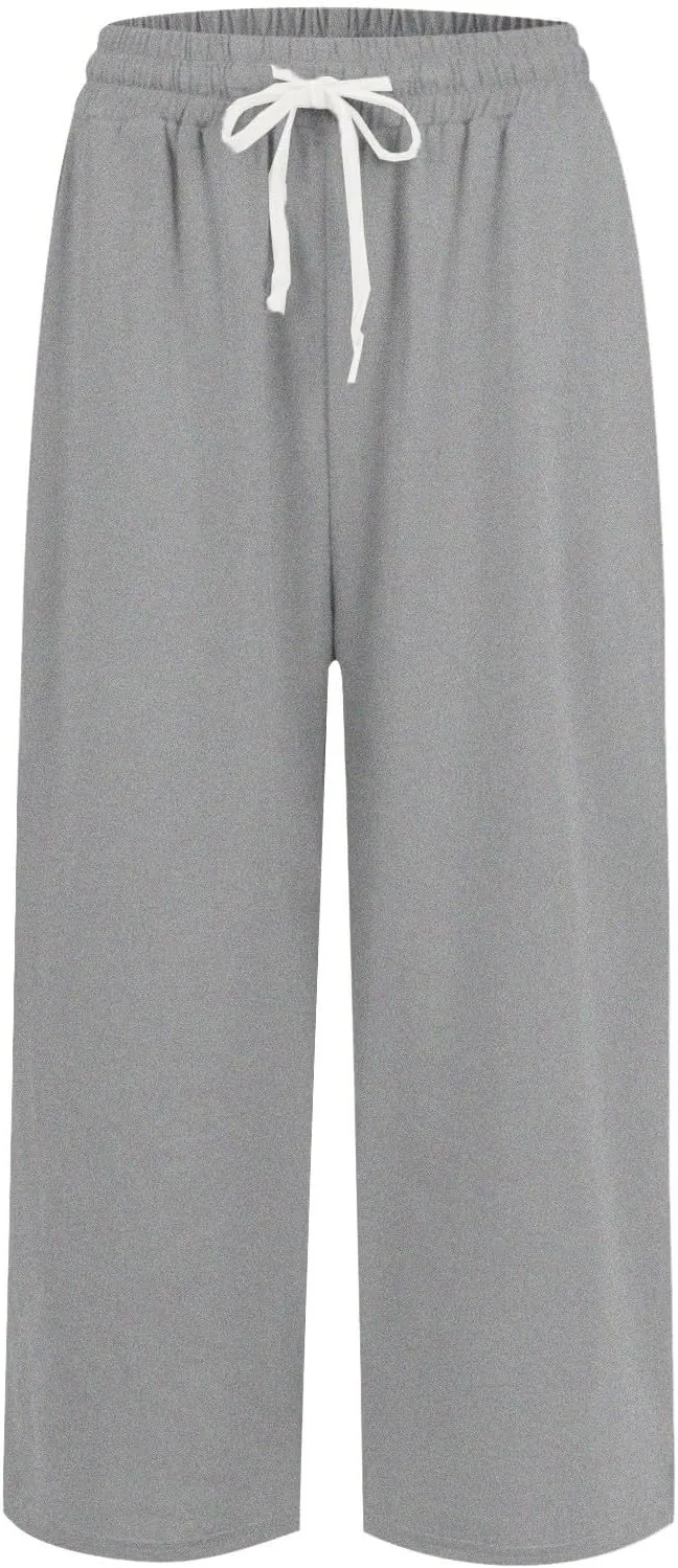 Capri Sweatpants for Women High Waisted Wide Leg Yoga Pants with Pockets Comfy Cotton Cropped Lounge Trousers Pants