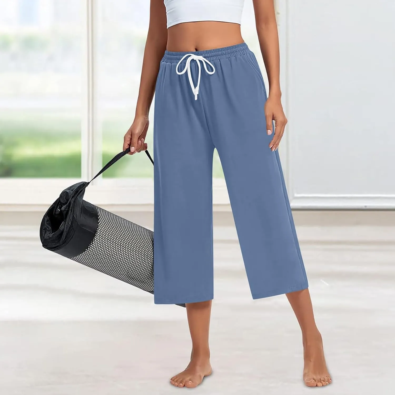 Capri Sweatpants for Women High Waisted Wide Leg Yoga Pants with Pockets Comfy Cotton Cropped Lounge Trousers Pants