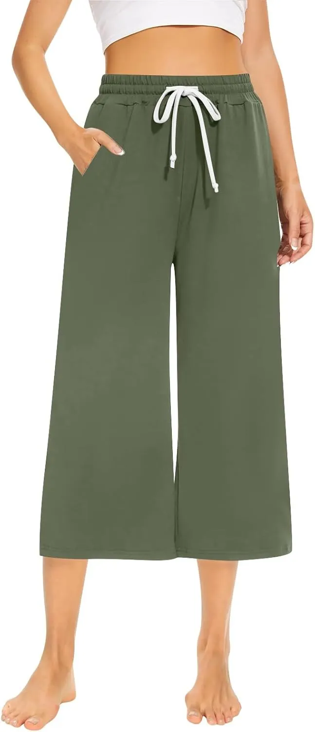 Capri Sweatpants for Women High Waisted Wide Leg Yoga Pants with Pockets Comfy Cotton Cropped Lounge Trousers Pants