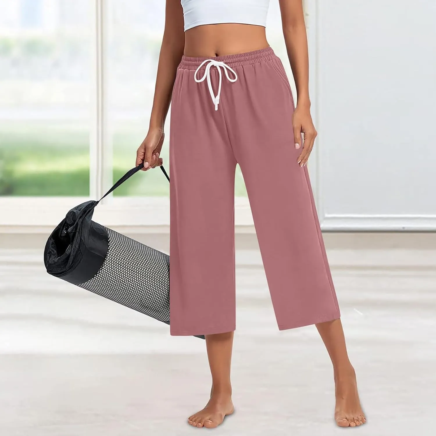 Capri Sweatpants for Women High Waisted Wide Leg Yoga Pants with Pockets Comfy Cotton Cropped Lounge Trousers Pants