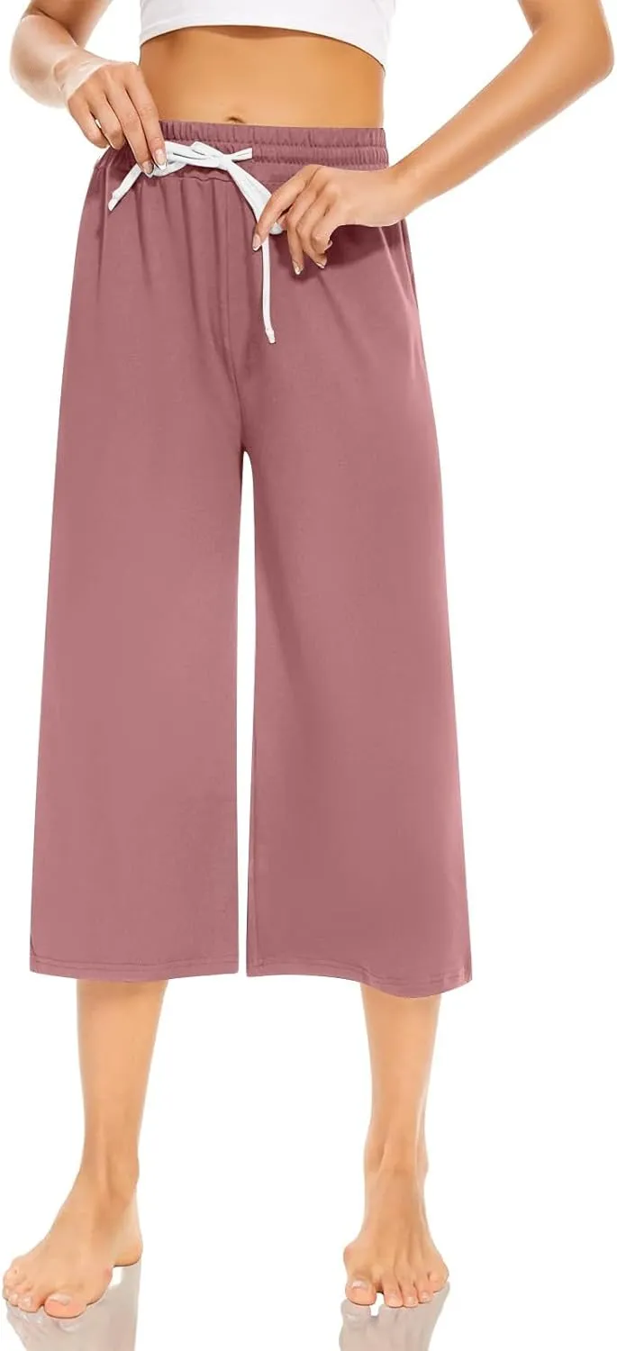 Capri Sweatpants for Women High Waisted Wide Leg Yoga Pants with Pockets Comfy Cotton Cropped Lounge Trousers Pants