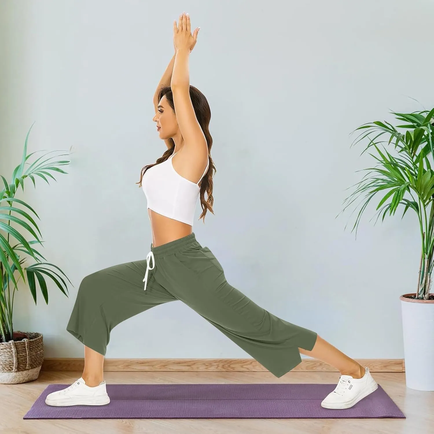 Capri Sweatpants for Women High Waisted Wide Leg Yoga Pants with Pockets Comfy Cotton Cropped Lounge Trousers Pants